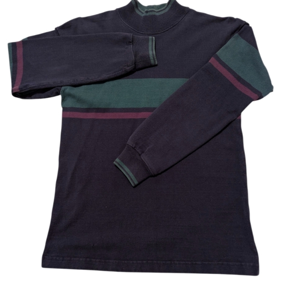Vintage L.L. Bean Mock Neck Shirt Small Made in USA 90s Colorblock Cotton Navy